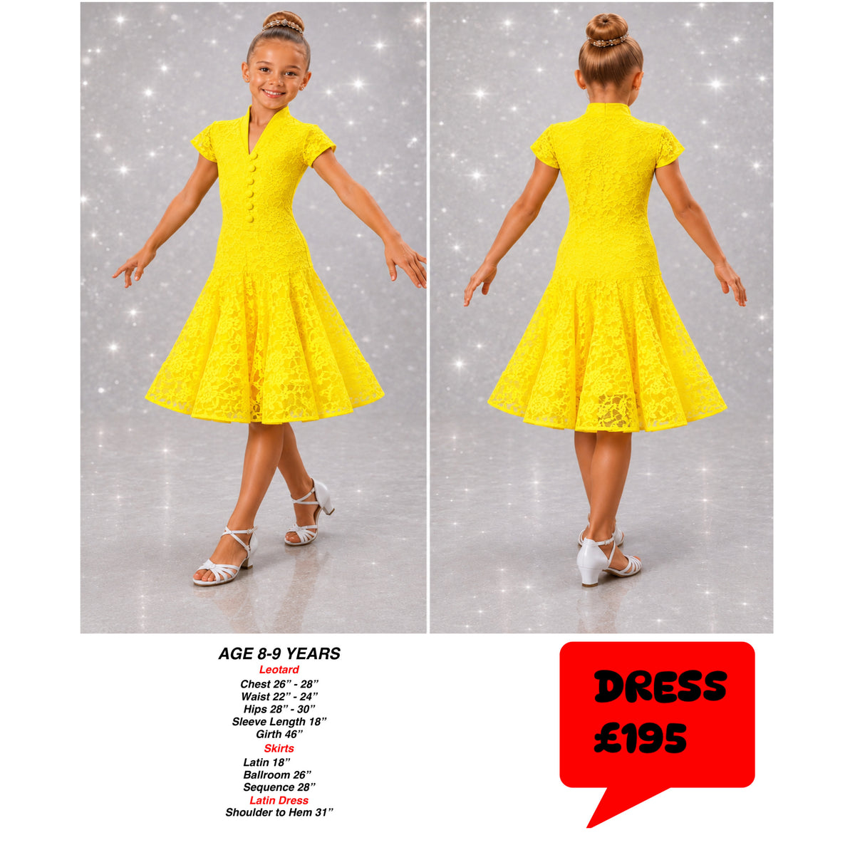 145J Yellow Lace 1 Piece Latin Dress Competition Number Wallet & Decorative Pins & Matching Hair Flower **Everything included in Price when full set purchased**