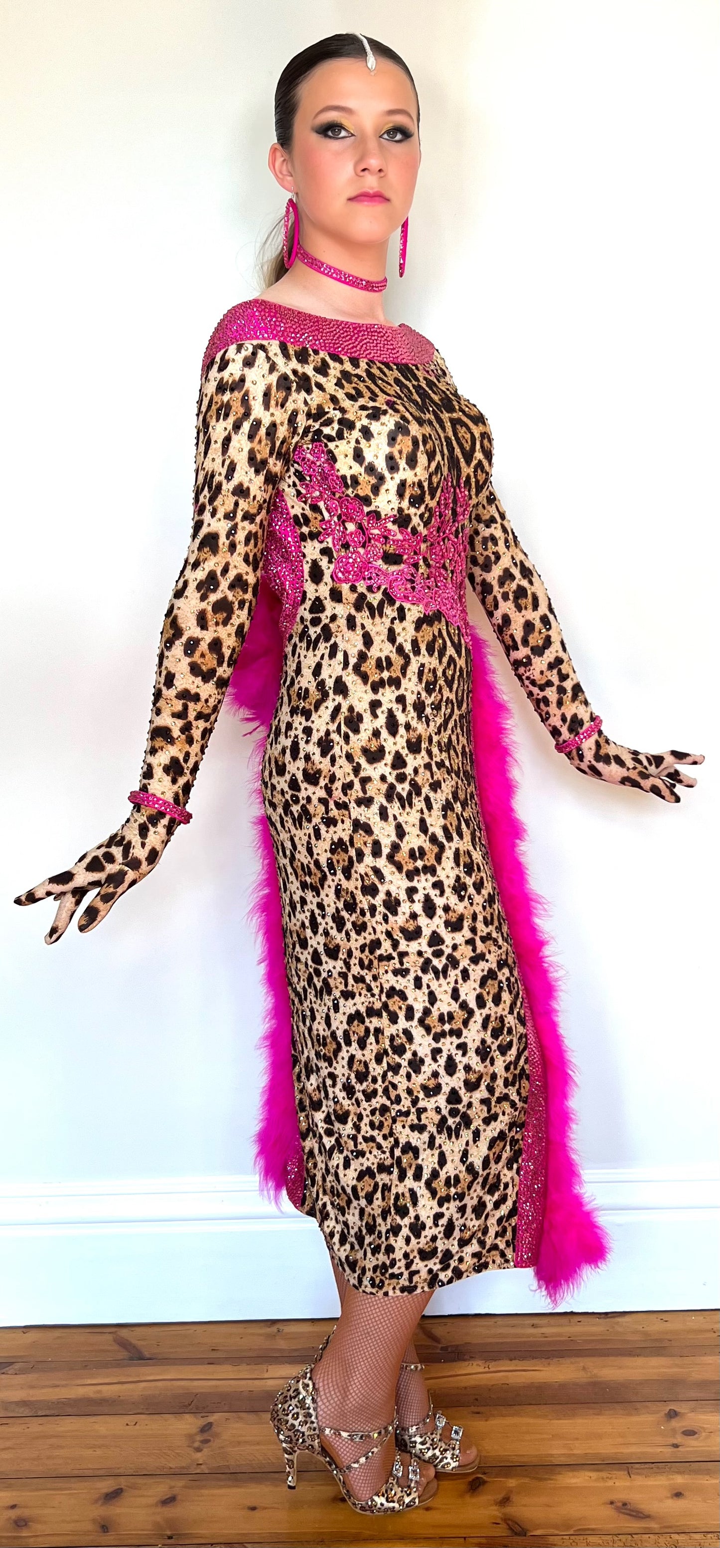 304 Leopard Latin Dress with Flo Pink Ostrich boa detail & Motifs decorated in rose stones.
