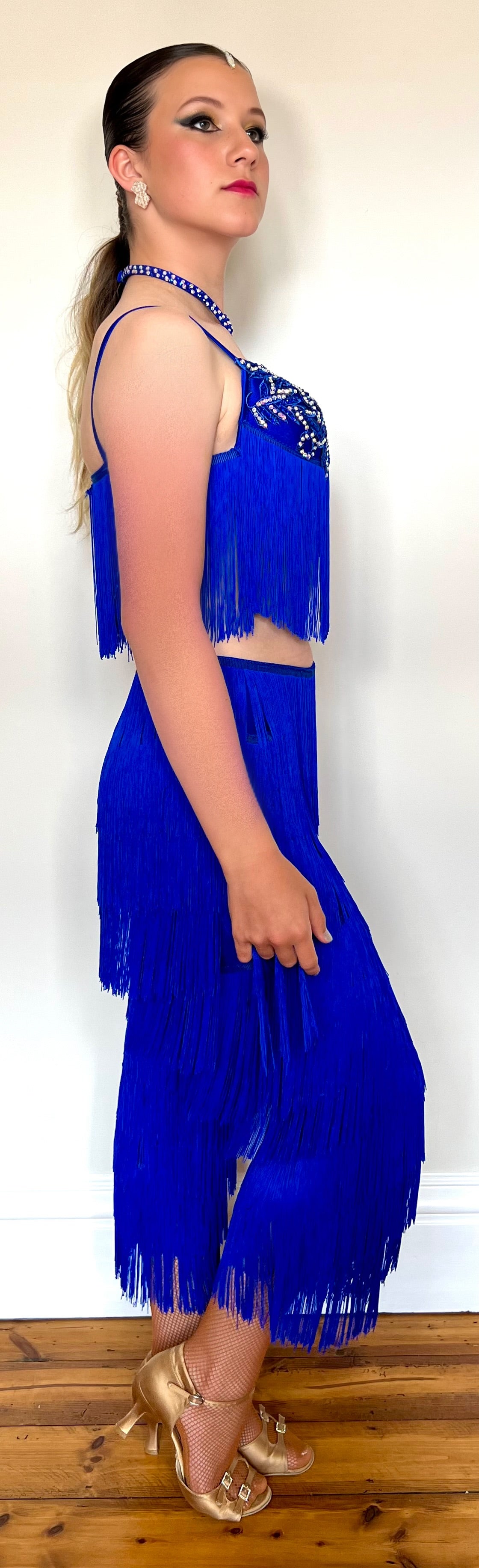 253 Bright Royal Blue fringed 2 piece. Fringed trousers & decorated bra top with fringe, decorated in Saphire& AB stones