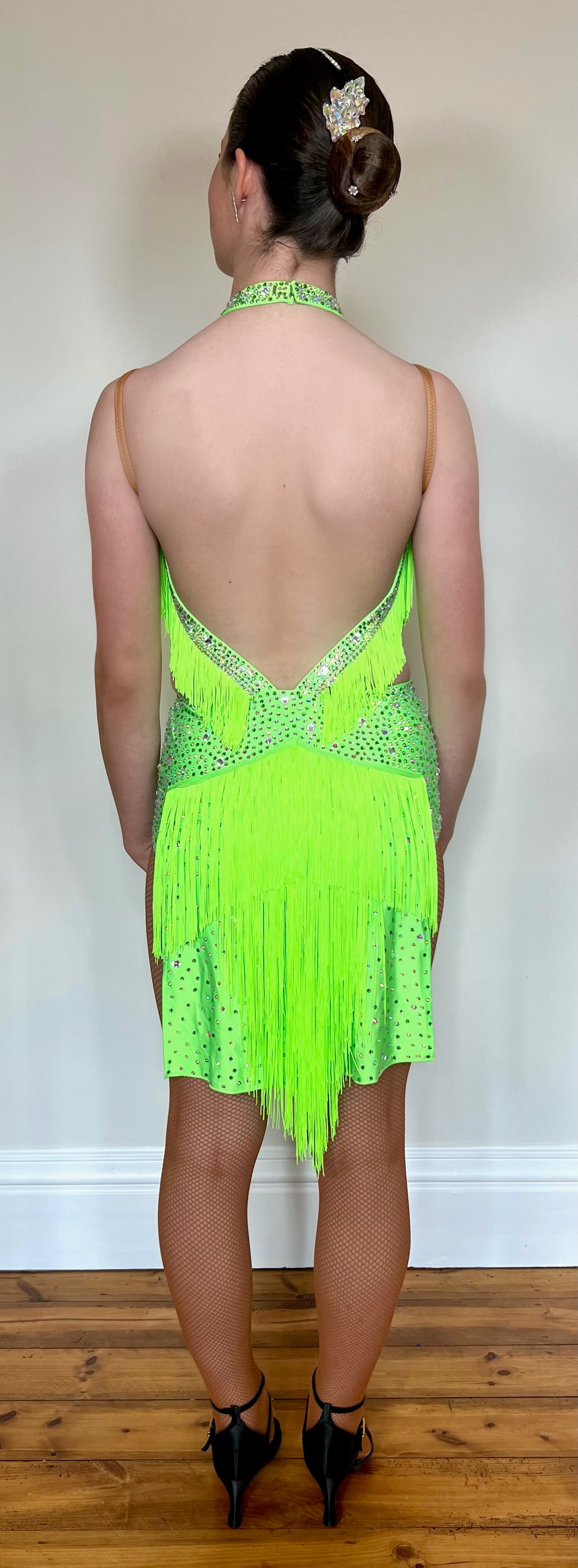 176 Flo Green Latin dress with fringe detailing. Stones are green & AB