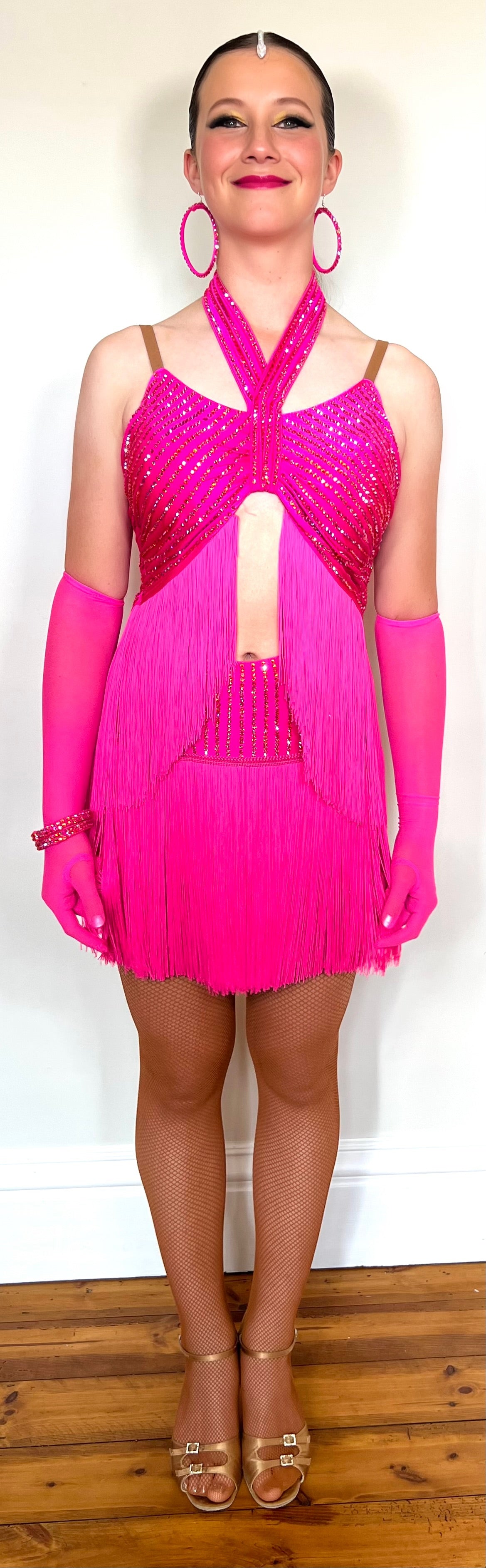 292 Flo Pink full pink fringed Latin dress. Open front detail with gloves, Decorated with Rose stones