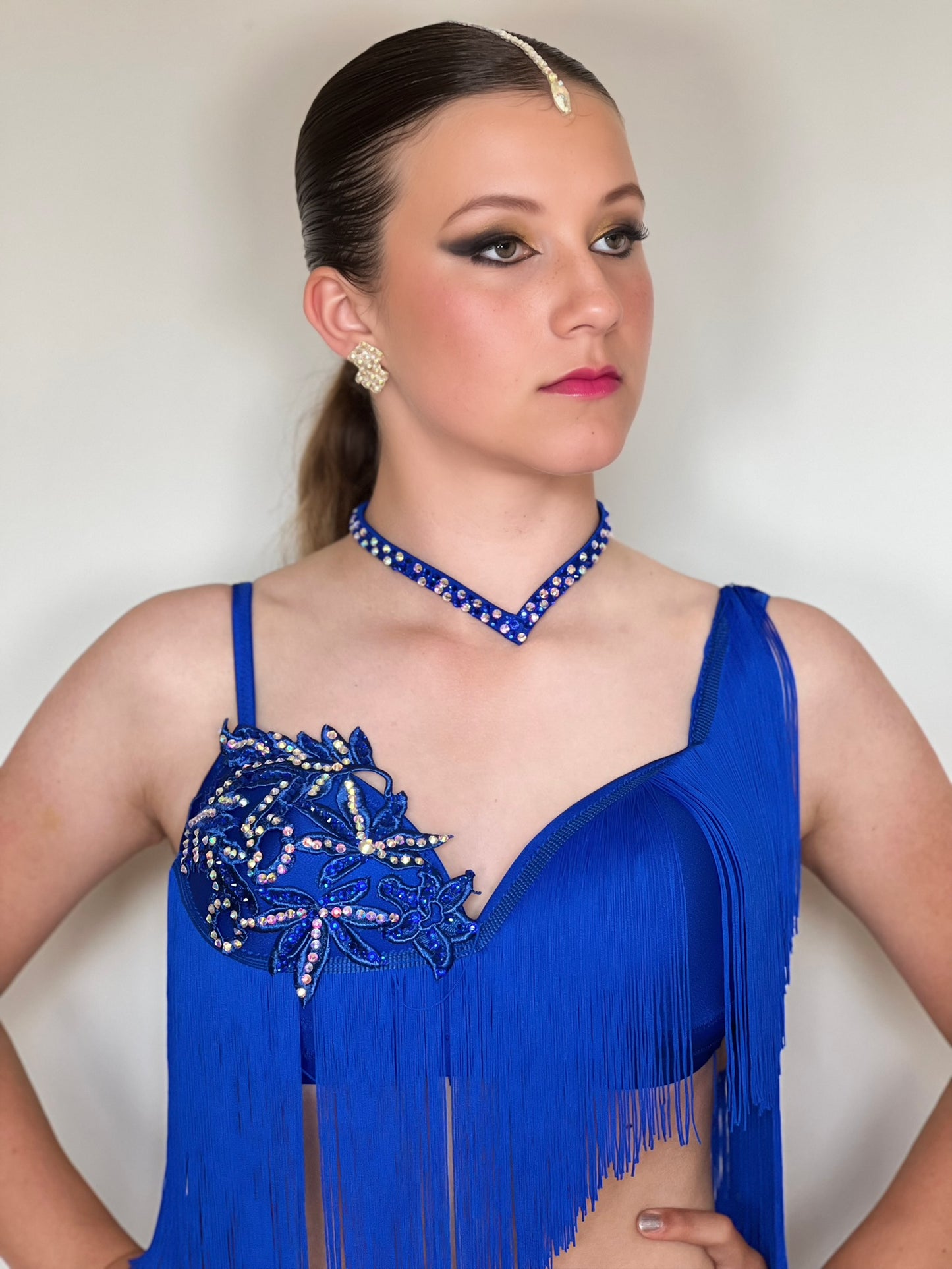 253 Bright Royal Blue fringed 2 piece. Fringed trousers & decorated bra top with fringe, decorated in Saphire& AB stones