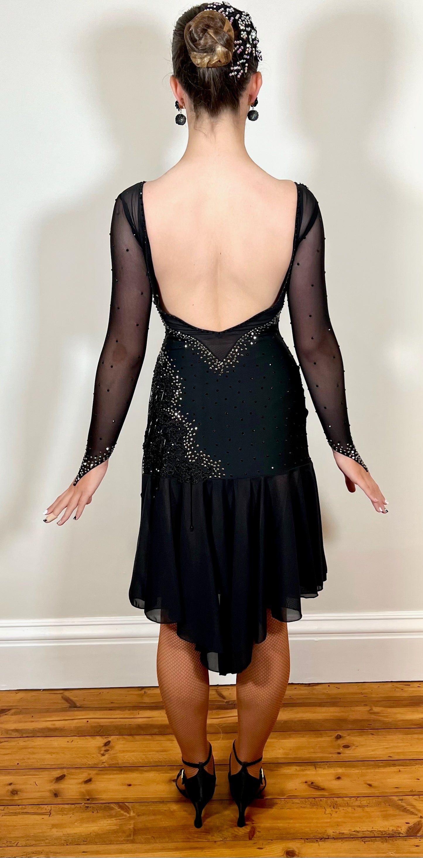 218 Black mesh & Nude Dress. Full skirt with side opening. Decorated with black droppers, black hematite & AB stones