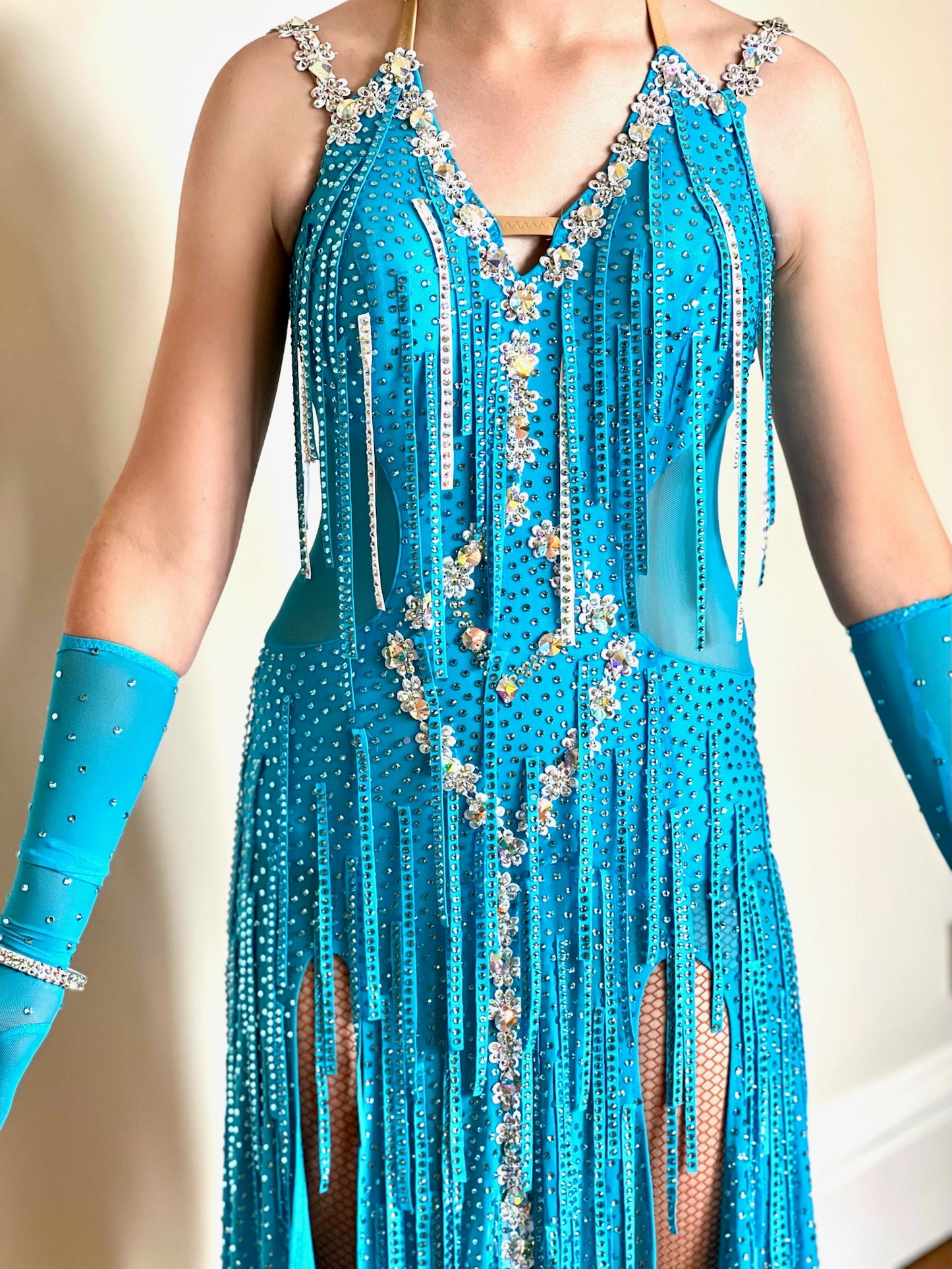312 Paradise Blue Latin Dress with AB material stoned droppers. AB Stones with Gloves