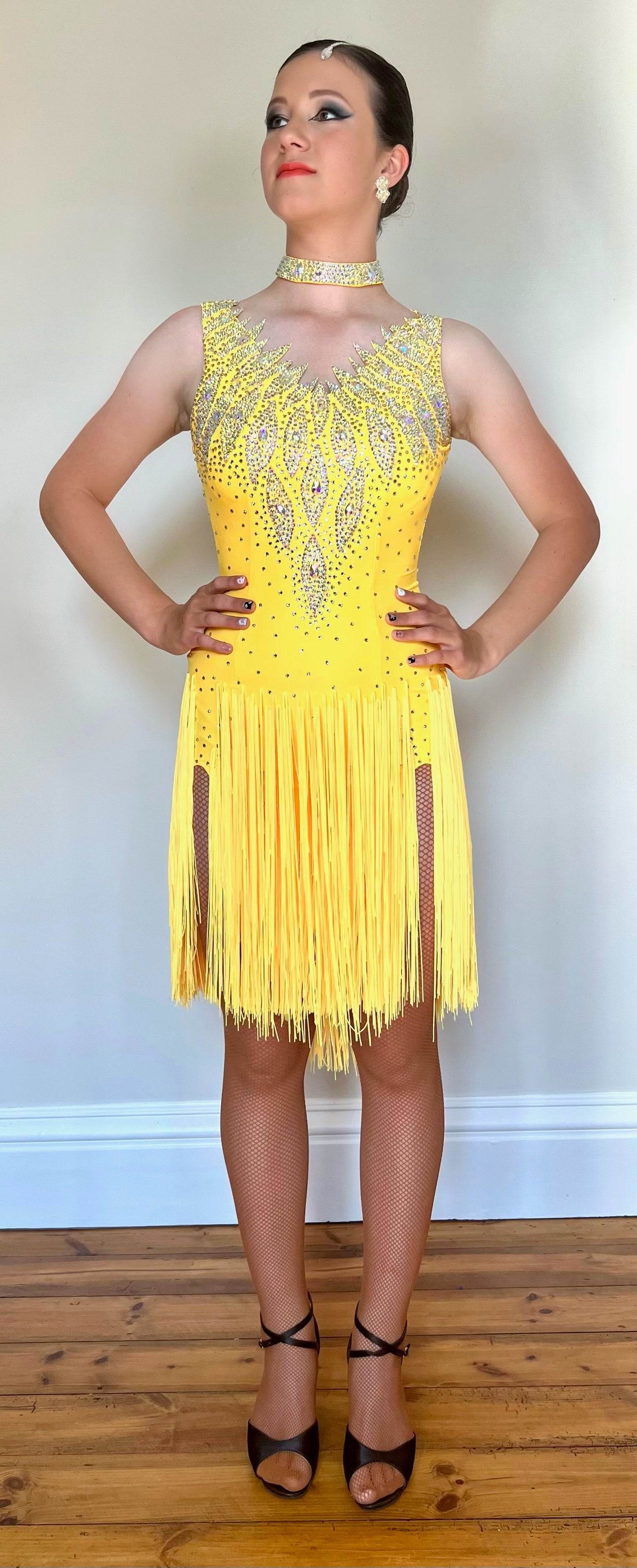 110 Yellow Leaf design Fringe skirt Latin Dress. Open back with leaf detail, necklace with hanging detail.