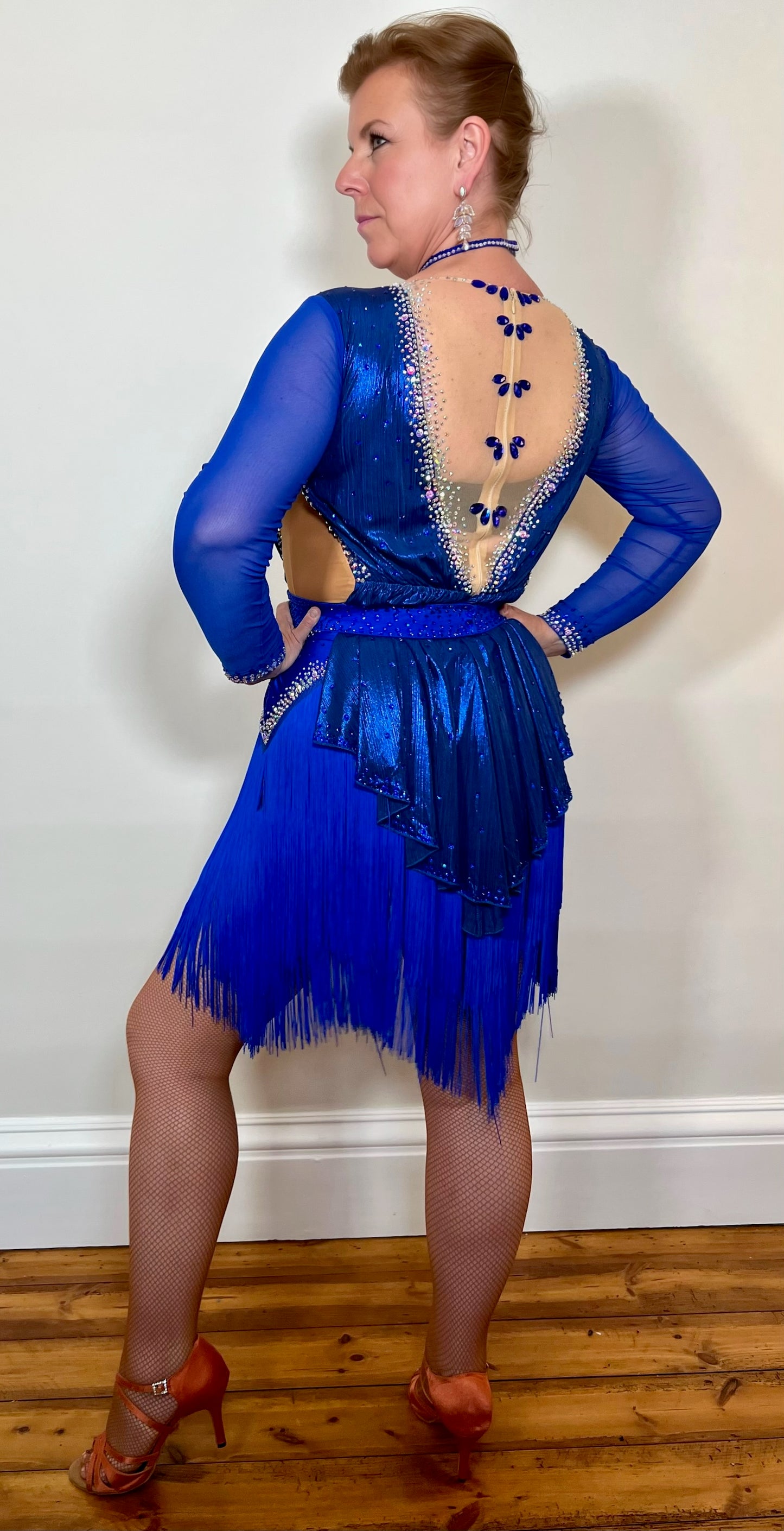 302 Bright Royal Blue Latin Dress, separate detailed belt with Fringe skirt & full back. Decorated with AB & Sapphire stones