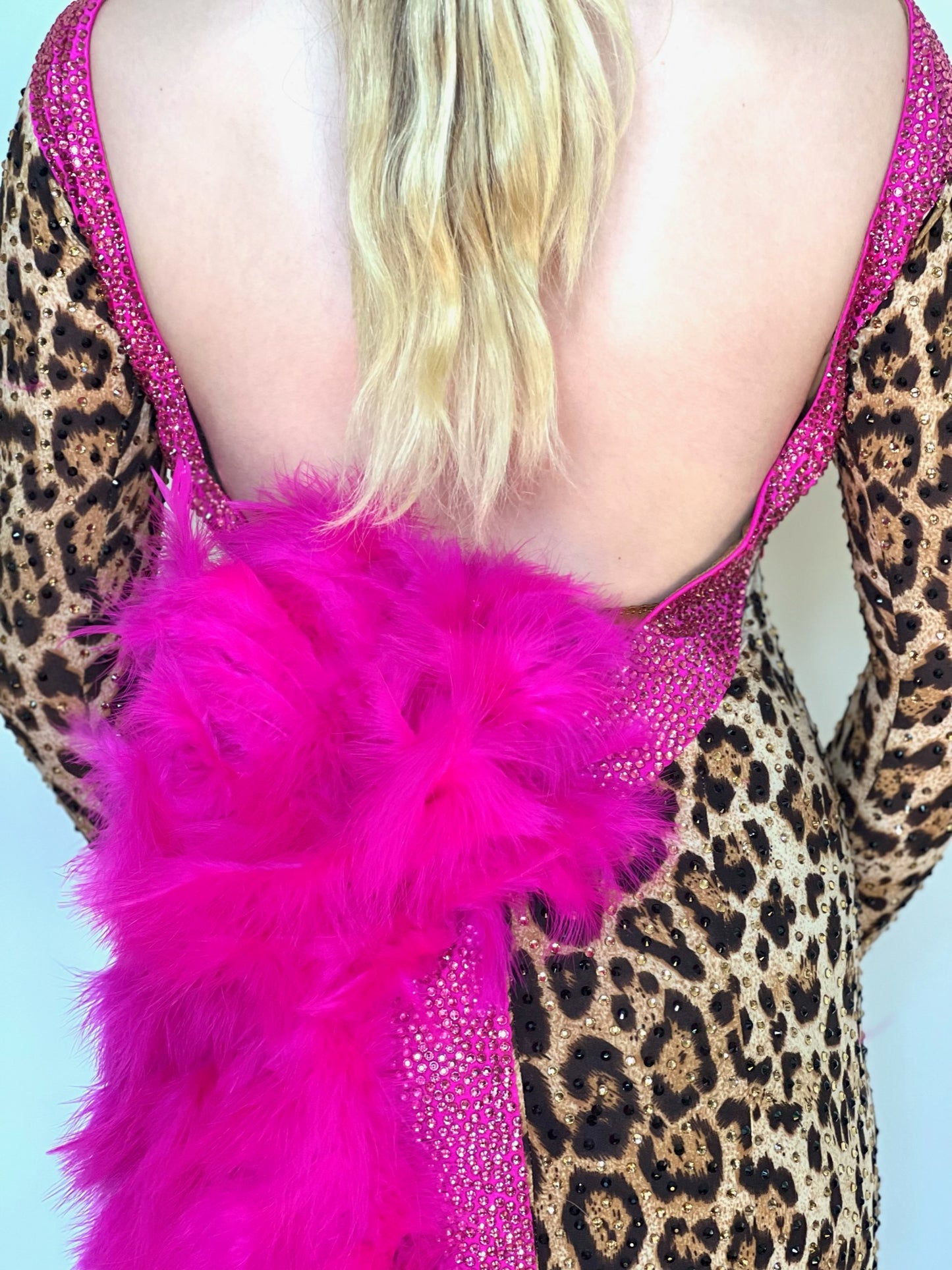304 Leopard Latin Dress with Flo Pink Ostrich boa detail & Motifs decorated in rose stones.