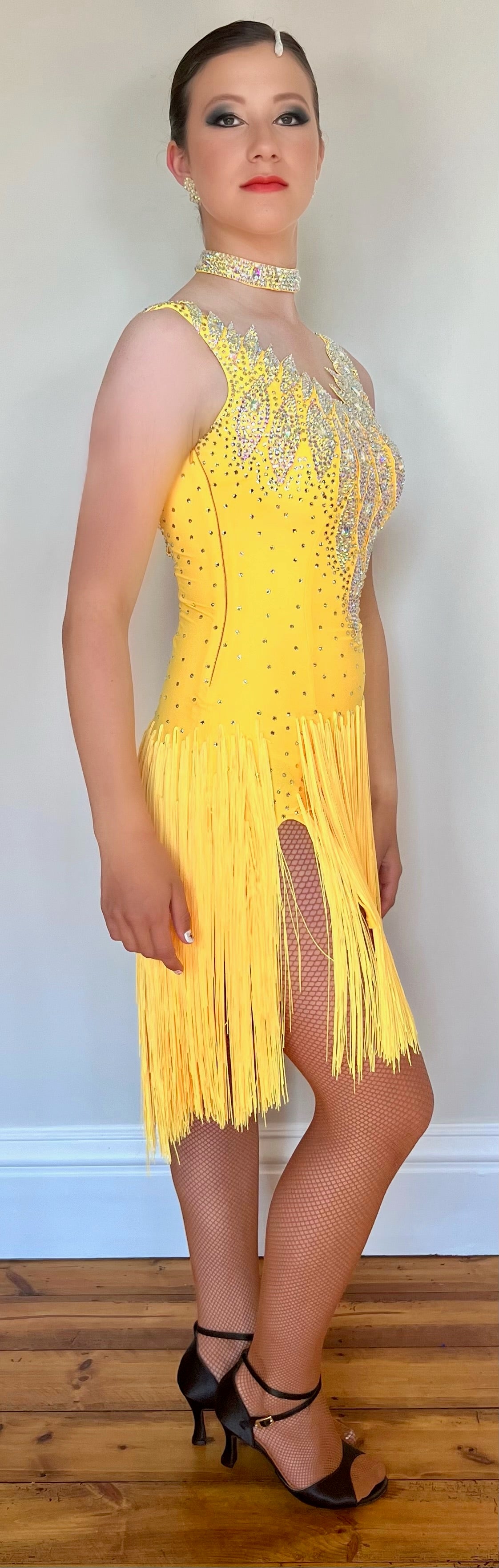 110 Yellow Leaf design Fringe skirt Latin Dress. Open back with leaf detail, necklace with hanging detail.