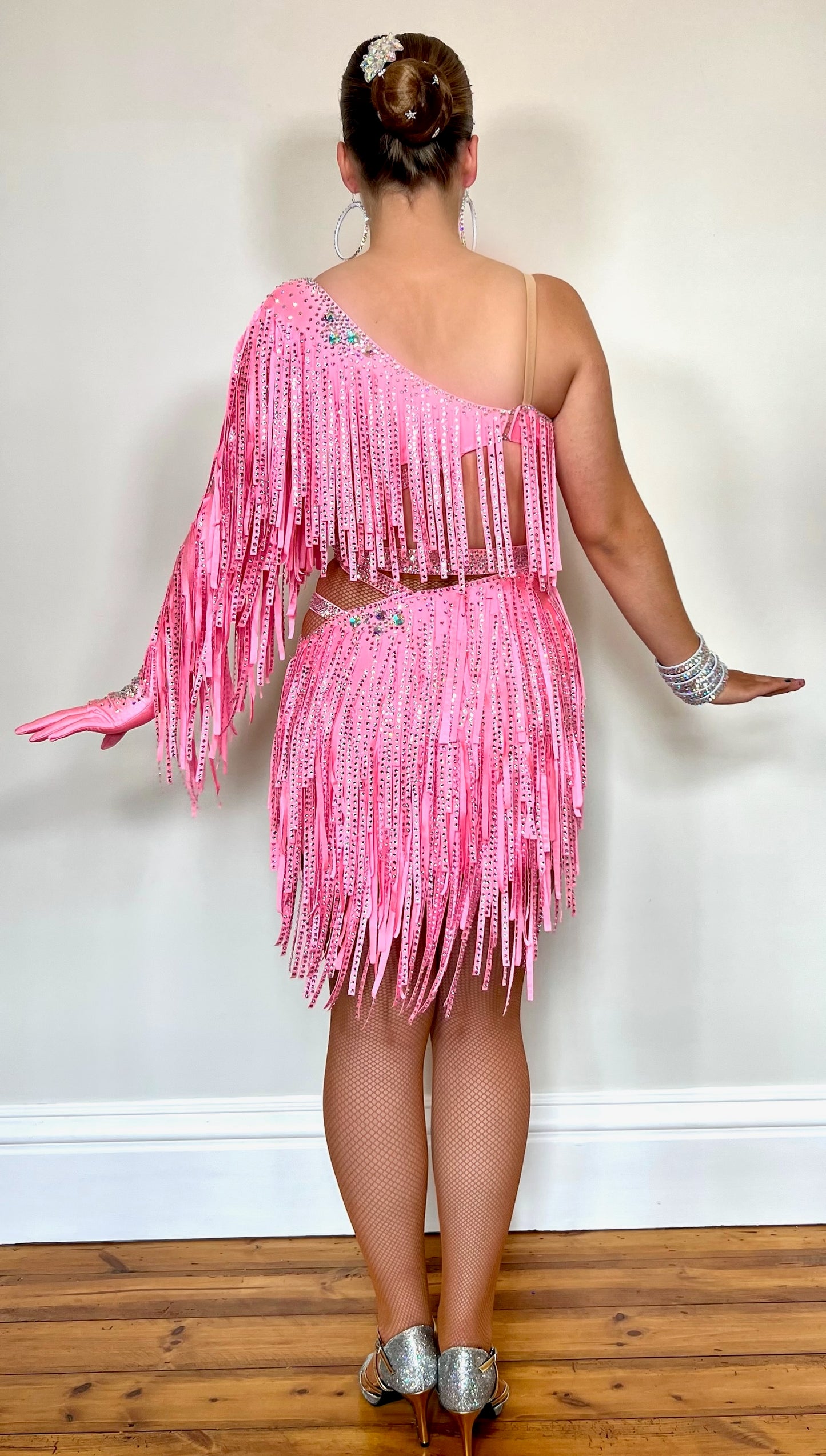 306 Bubblegum Pink Latin Dress. Full material stoned droppers in light rose with AB stoning to straps, hip & neckline