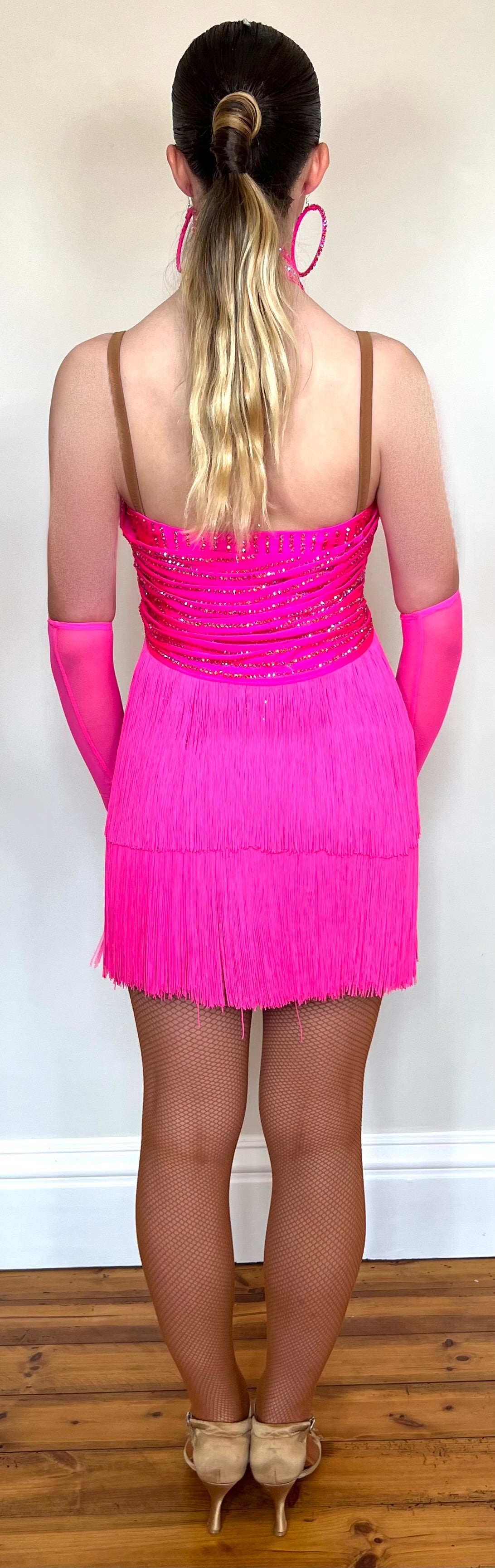 292 Flo Pink full pink fringed Latin dress. Open front detail with gloves, Decorated with Rose stones