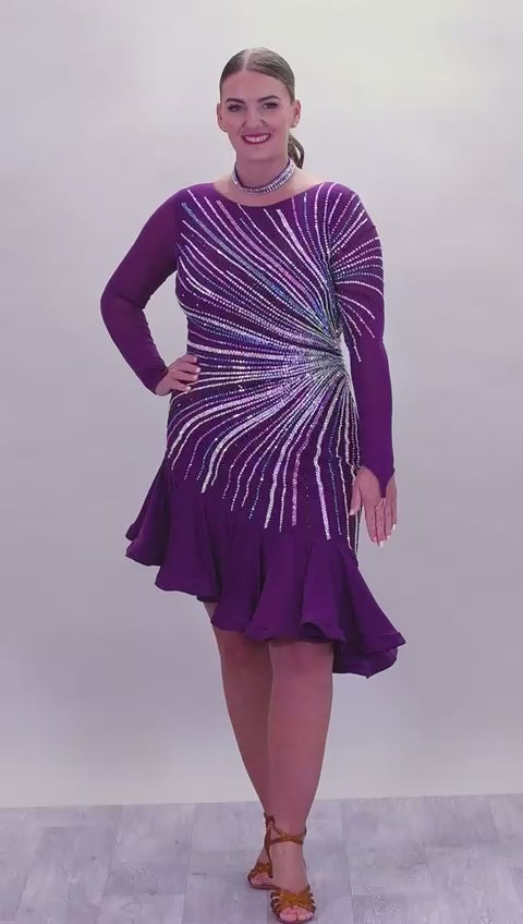 171 Stand Out Striking Plum Latin Dance Dress. Heavily stoned in AB, plum AB & Light aquamarine. Very full frill giving maximum movement. High back giving option to wear own bra.