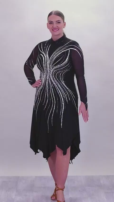 065 Black Competition Latin Dance Dress. Stunning heavily stoned design in AB & Jet. High back to allow the option to wear own bra