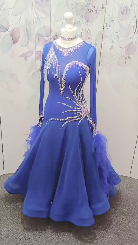 098 Royal Blue Competition Dance Dress. Heavily stoned with AB & Sapphire. Hanging strip details to upper right chest. High back giving option to wear own bra.