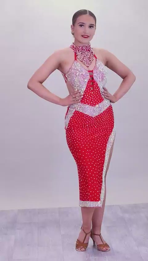 025 Red Trio - Latin Dress with Red Motif & AB stones. Ballroom Skirt with x4 arm floats and AB stoned belt