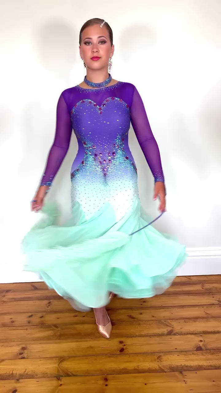 167 Ombre purple to mint green competition Ballroom dance dress. Stoned in mint green mint green ab purple vitrail. Ostrich feather floats