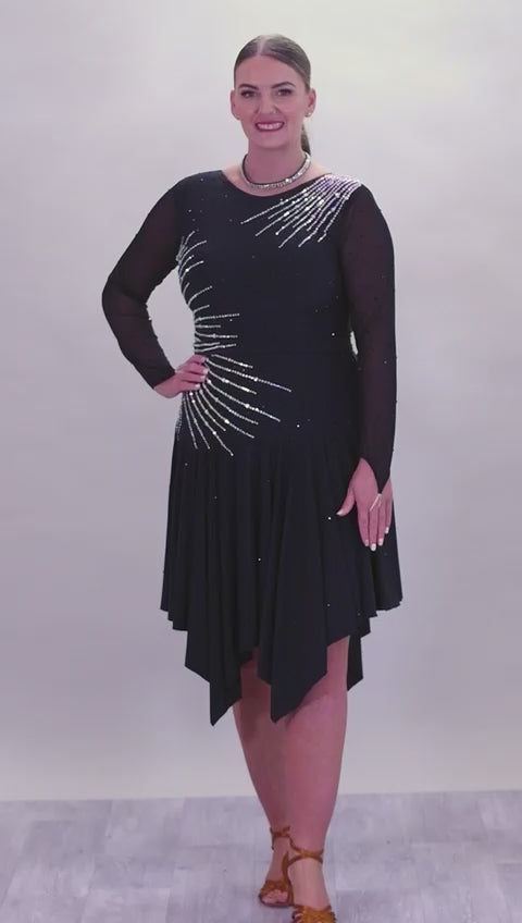 199 Flattering Black Latin Dance Dress. Super Stretchy. Stoned in AB starburst design with handkerchief hem skirt. High back giving option for wearing own bra.