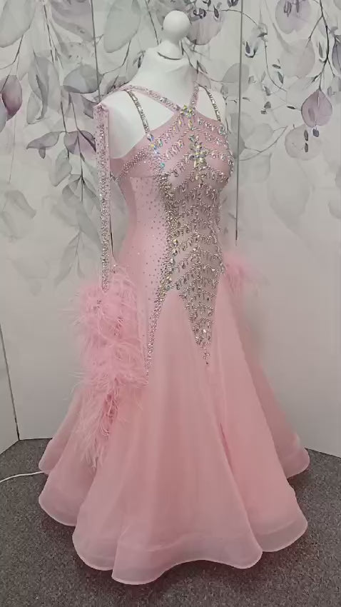 096 Pale Pink Competition Dance Dress. Heavily stoned in AB and light rose AB. Separate gloves and Ostrich Feather floats