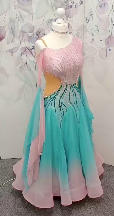 01130 Light Aqua & Baby Pink Ombre Competition Ballroom Dance Dress. Stone with AB & Fuschia. Detachable floats