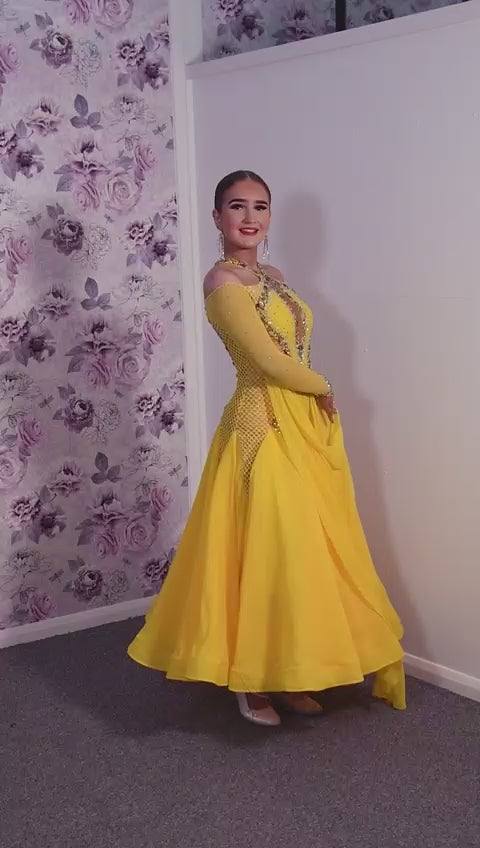 223 Yellow Fishnet Panel Dress halter neck style Ballroom Dress. Cold shoulder sleeves with high back.