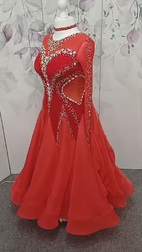 055 Red Competition Ballroom Dance Dress. Red Velvet Panels to the bodice. Heavily decorated in Siam & AB