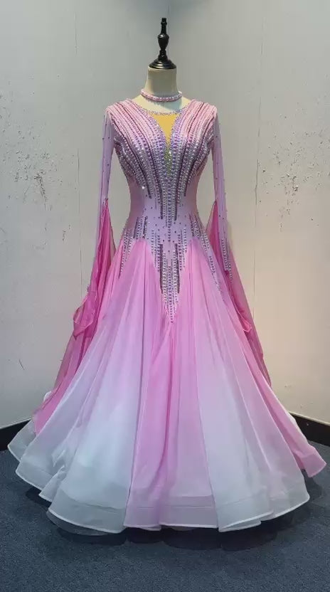 56B Stunning Pink & White Ombre Competition Ballroom/Sequence Dance Dress. Stoned in AB & Light Rose with pinks & white pearls. Detachable Cuffs ❤️Showroom Appointments Available❤️