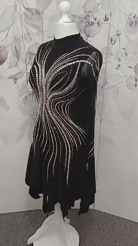 065 Black Competition Latin Dance Dress. Stunning heavily stoned design in AB & Jet. High back to allow the option to wear own bra