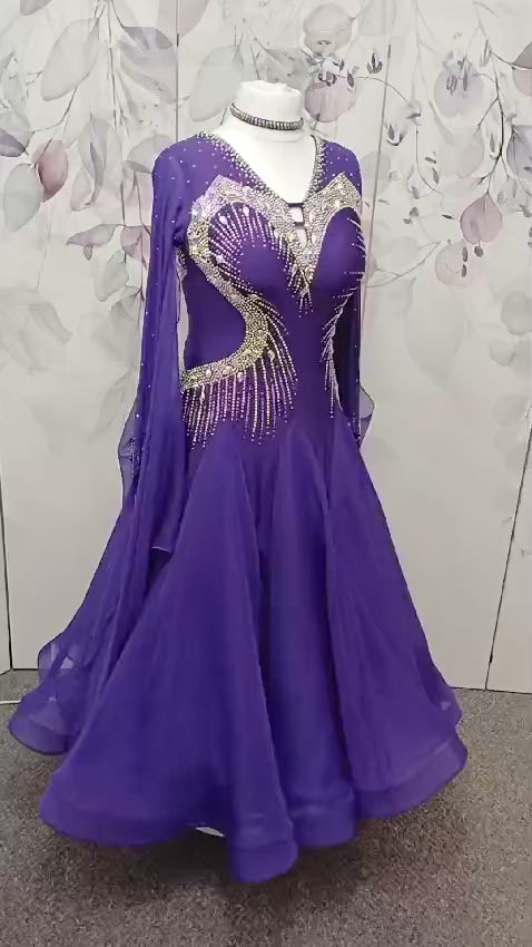 040 Cadbury Purple Competition Ballroom Dance Dress. Flattering & Stunning stoning design throughout in AB. Detachable floats