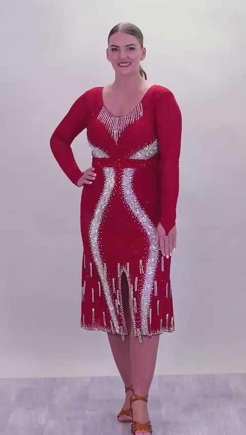 066 Wine Competition Latin Dance Dress. Heavily stoned in AB & Dark Siam Stones. Comes with optional belt.