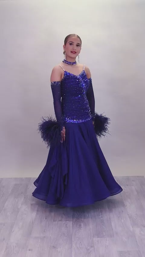 07B Navy Blue Ballroom/Sequence Competition Dance Dress. Stunning Bodice Detail stoned in Sapphire, Capri Blue, Capri Blue AB & Sapphire AB. Cones with Gloves & Ostrich feather cuffs with hanging floats.