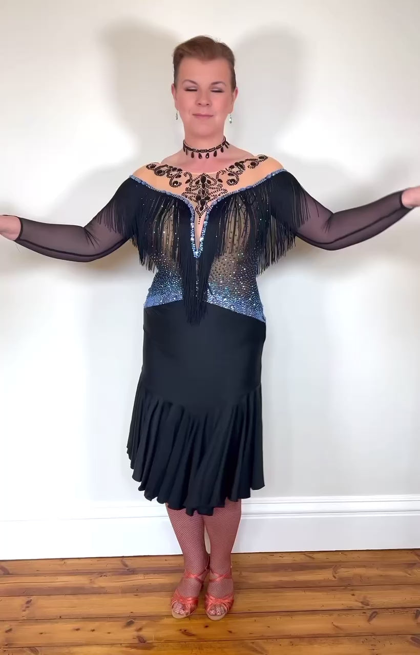 279 Black Competition Latin Dress. Stoned in Sapphire AB Jet stones. TW Dance