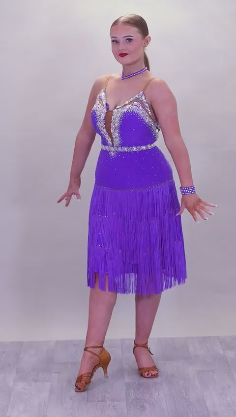 024 Cadbury Purple Fringed skirt Latin Dress. Detachable belt. Stoned in AB stones with tan panel to the chest.