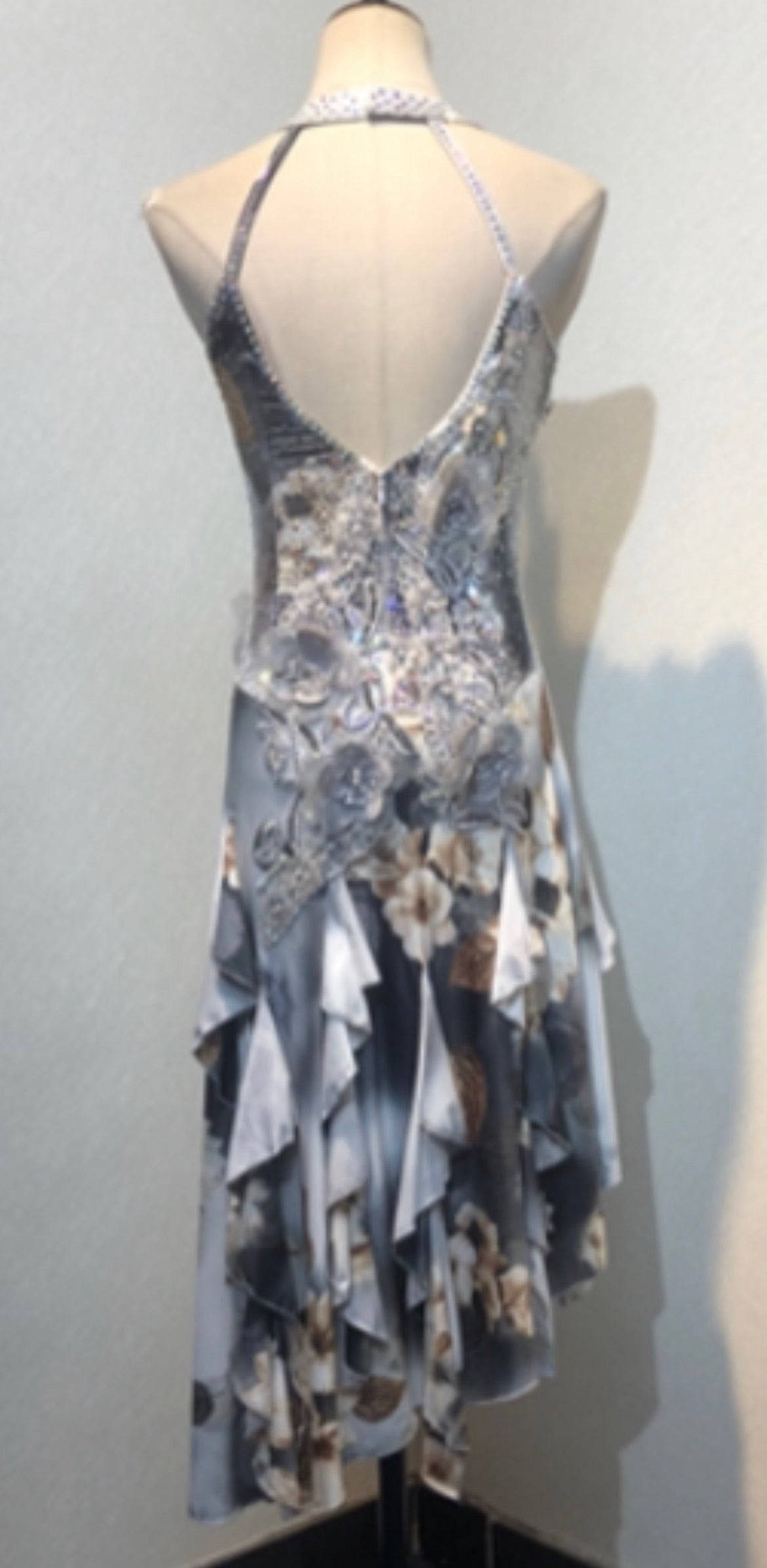 118 Silver, Grey & Gold Floral Latin Dress. Grey flowers decorated in AB