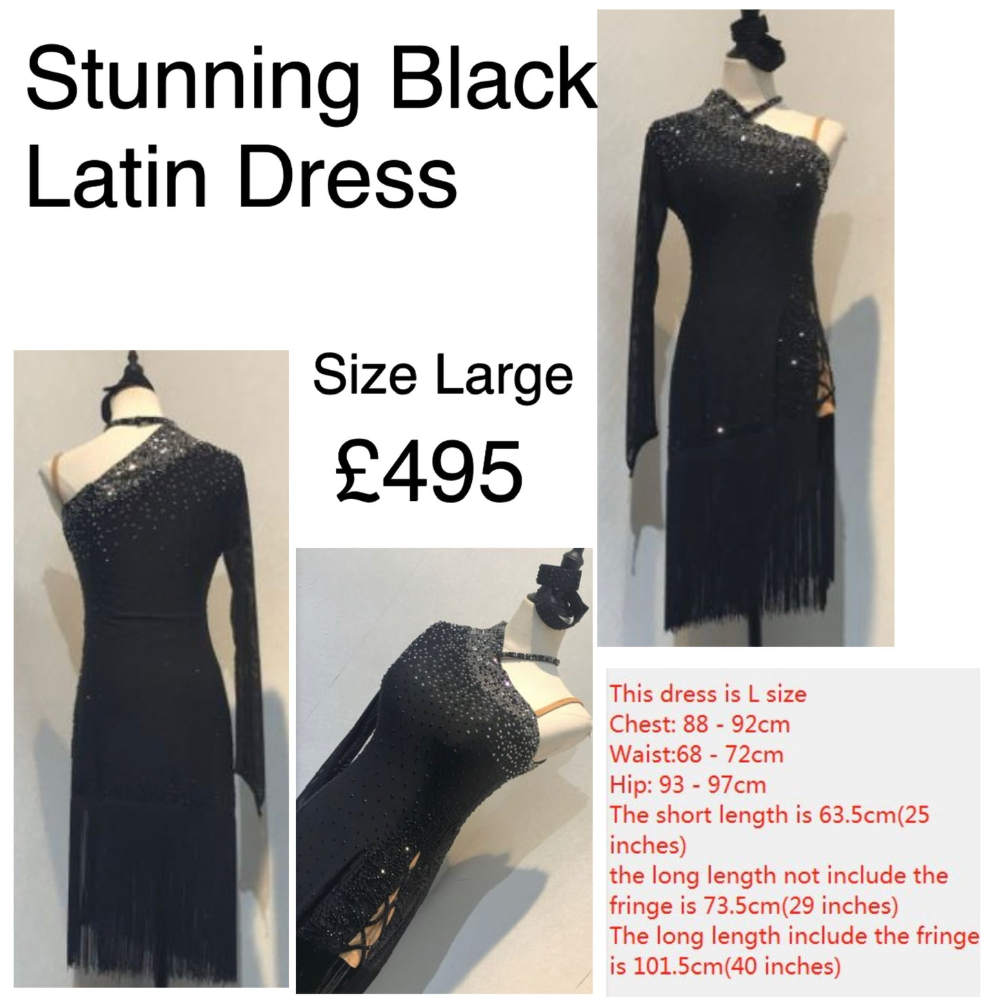 189 Black high neck one shoulder Latin dress. Strappy detail to high split on one side. Decorated in jet & crystal light chrome
