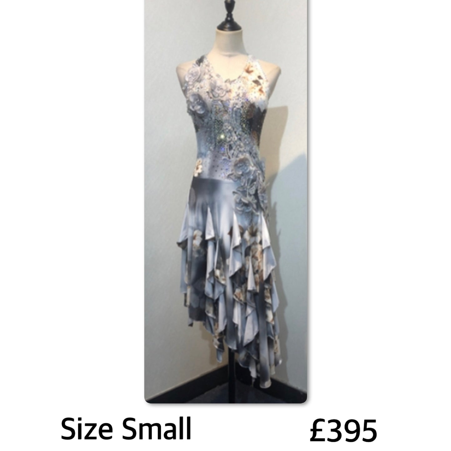 118 Silver, Grey & Gold Floral Latin Dress. Grey flowers decorated in AB